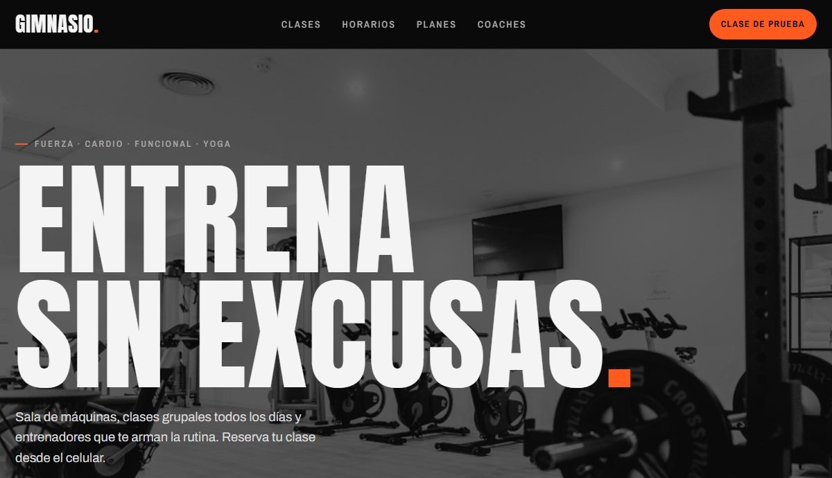 Página de ejemplo de un gimnasio, vista en computadora
