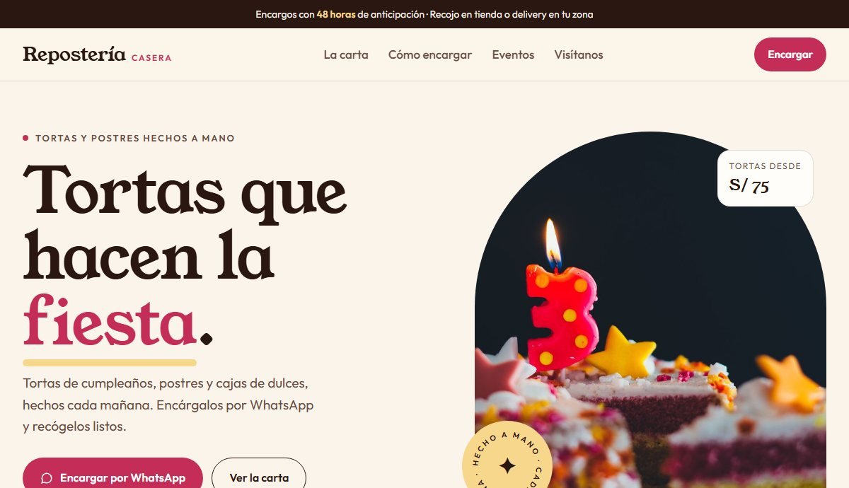Página de ejemplo de una repostería, vista en computadora